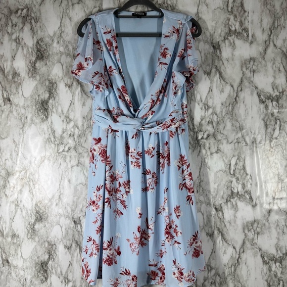 Express Floral Twist Front Flutter Sleeve Dress Size Small V Neck - Picture 1 of 6